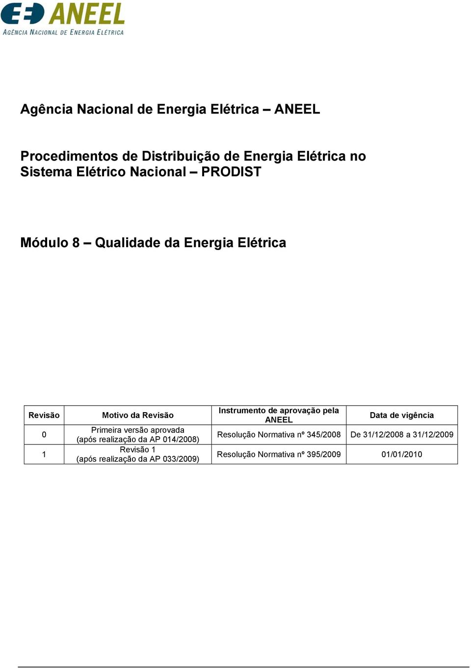 aprovada (após realização da AP 04/2008) Revisão (após realização da AP 033/2009) Instrumento de aprovação