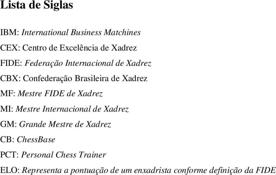 FIDE de Xadrez MI: Mestre Internacional de Xadrez GM: Grande Mestre de Xadrez CB: ChessBase