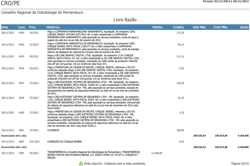 172,26 4462 21/2012 Pago a COMPANHIA ENERGÉTICA DE PERNAMBUCO, liquidação do empenho 1067, CHEQUE 850969, NOTA FISCAL 2263777 ref.