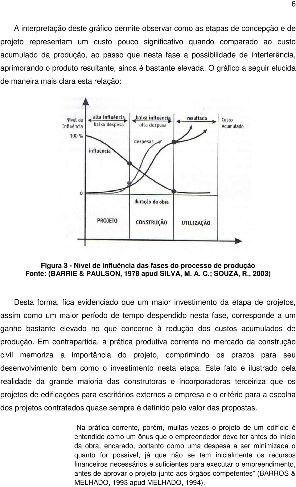 O gráfico a seguir elucida de maneira mais clara esta relação: Figura 3 - Nível de influência das fases do processo de produção Fonte: (BARRIE & PAULSON, 1978 apud SILVA, M. A. C.; SOUZA, R.