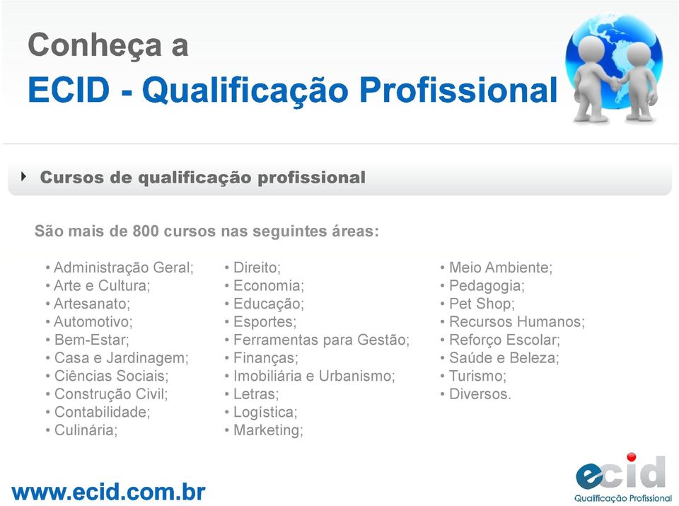 Direito; Economia; Educação; Esportes; Ferramentas para Gestão; Finanças; Imobiliária e Urbanismo; Letras;