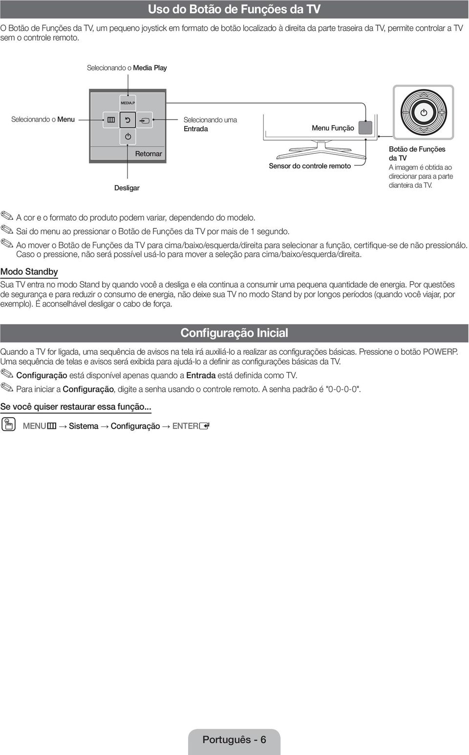 dianteira da TV. A cor e o formato do produto podem variar, dependendo do modelo. Sai do menu ao pressionar o Botão de Funções da TV por mais de 1 segundo.