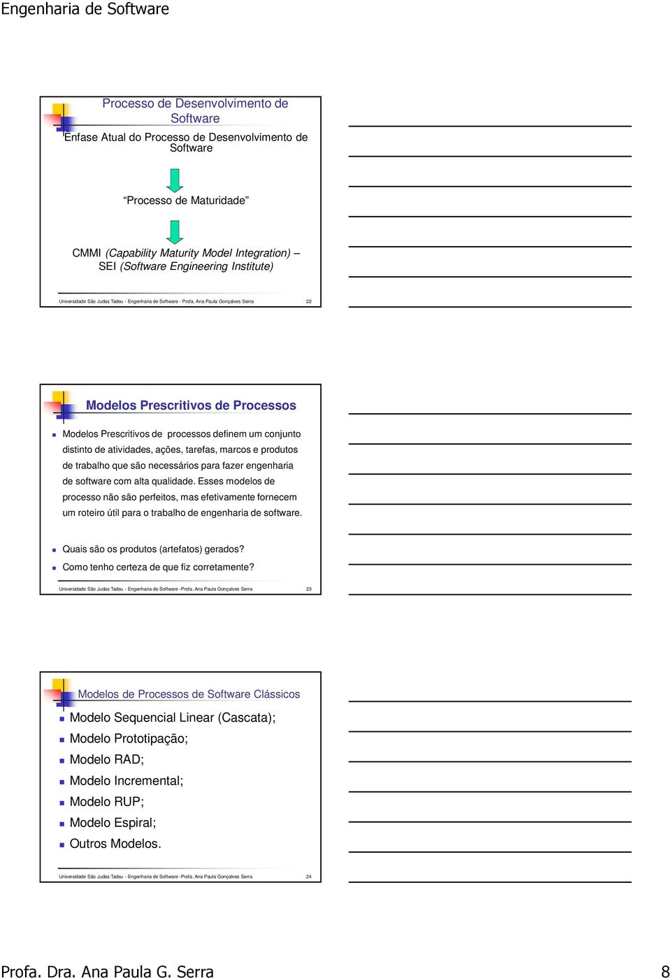 Ana Paula Gonçalves Serra 22 Modelos Prescritivos de Processos Modelos Prescritivos de processos definem um conjunto distinto de atividades, ações, tarefas, marcos e produtos de trabalho que são