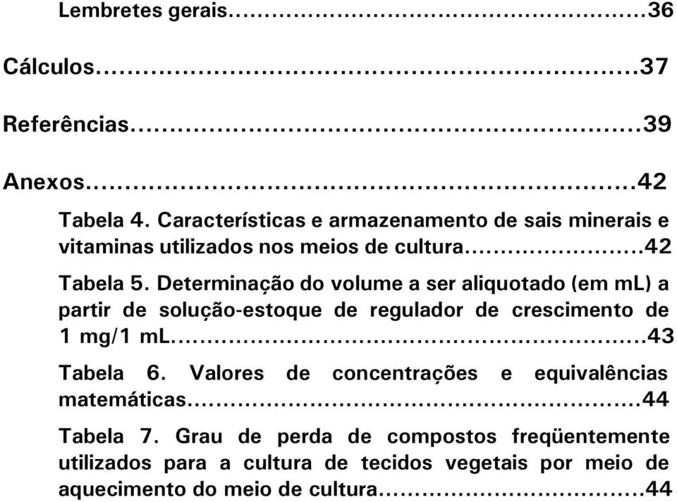 Determinação do volume a ser aliquotado (em ml) a partir de soluçãoestoque de regulador de crescimento de 1 mg/1 ml...43 Tabela 6.