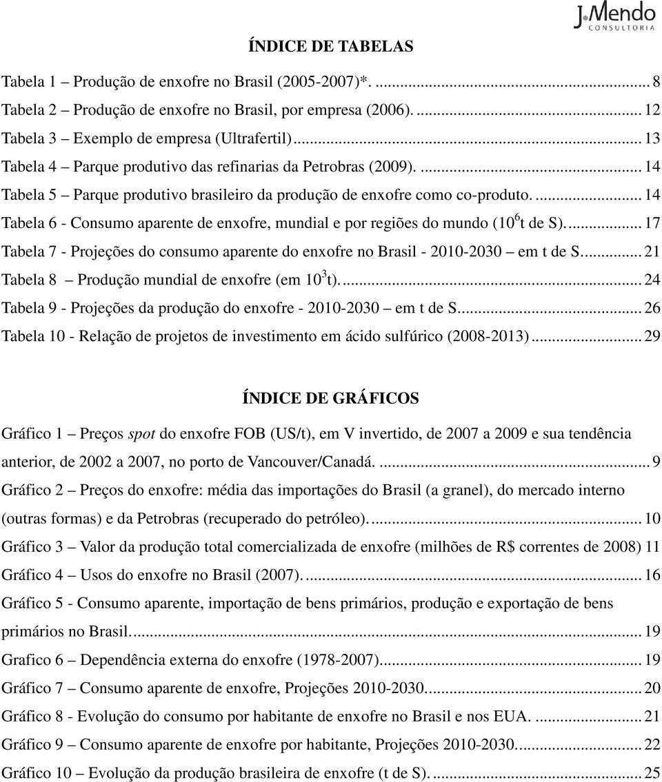 ... 14 Tabela 6 - Consumo aparente de enxofre, mundial e por regiões do mundo (1 6 t de S).... 17 Tabela 7 - Projeções do consumo aparente do enxofre no Brasil - 1-3 em t de S.