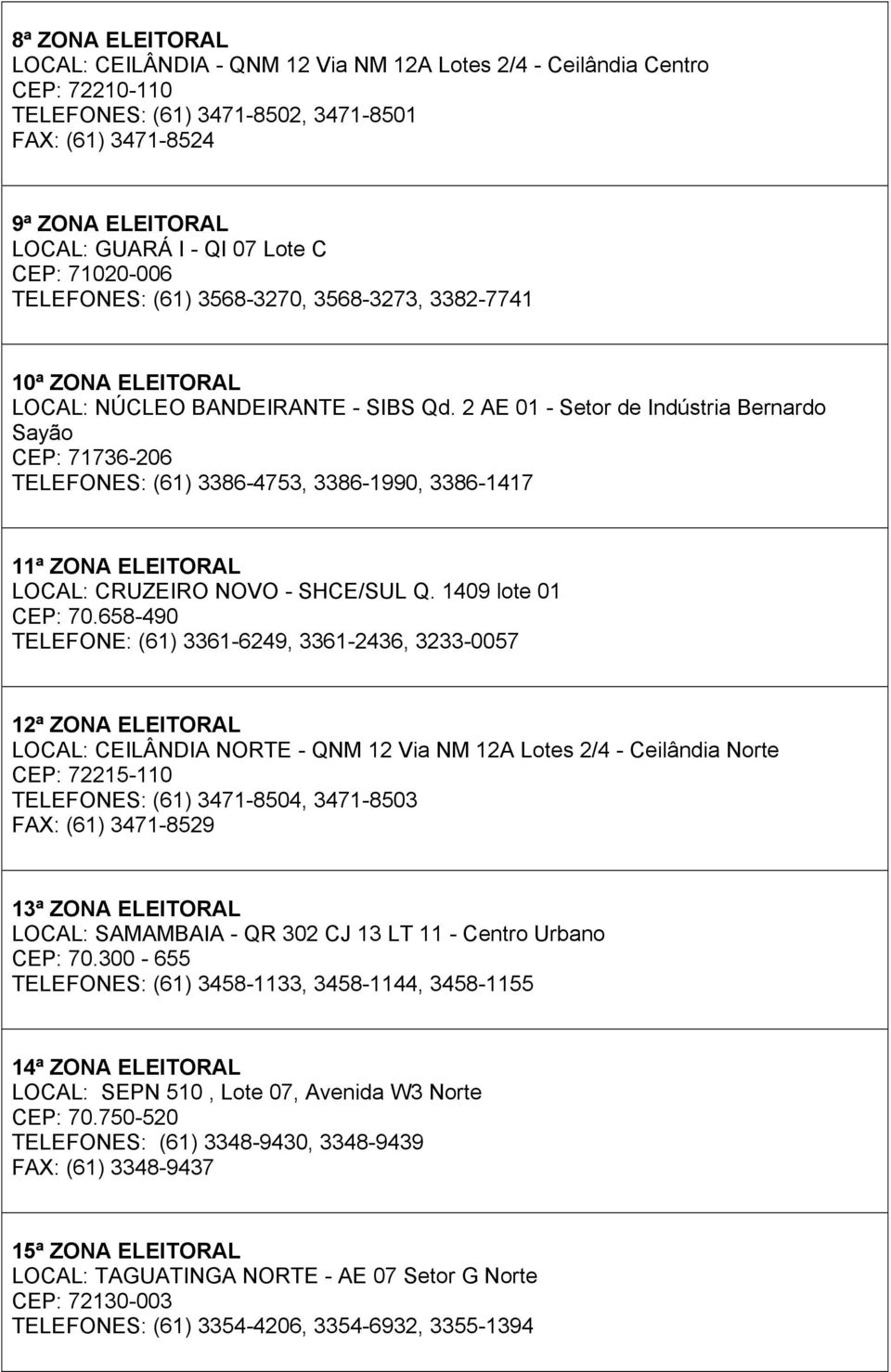 2 AE 01 - Setor de Indústria Bernardo Sayão CEP: 71736-206 TELEFONES: (61) 3386-4753, 3386-1990, 3386-1417 11ª ZONA ELEITORAL LOCAL: CRUZEIRO NOVO - SHCE/SUL Q. 1409 lote 01 CEP: 70.