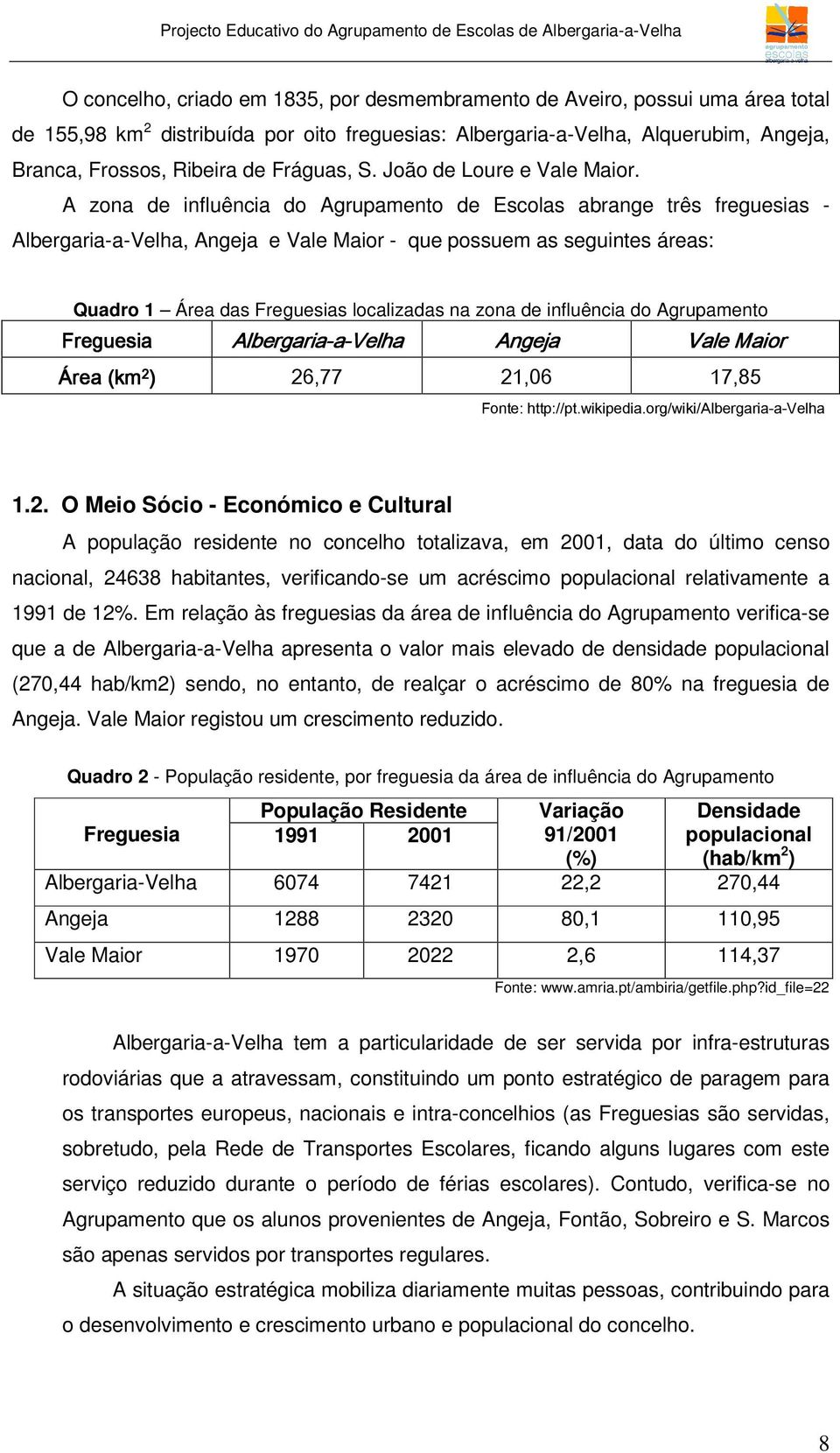 A zona de influência do Agrupamento de Escolas abrange três freguesias - Albergaria-a-Velha, Angeja e Vale Maior - que possuem as seguintes áreas: Quadro 1 Área das Freguesias localizadas na zona de