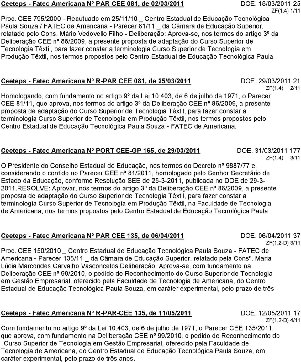 Mário Vedovello Filho - Deliberação: Aprova-se, nos termos do artigo 3º da Deliberação CEE nº 86/2009, a presente proposta de adaptação do Curso Superior de Tecnologia Têxtil, para fazer constar a