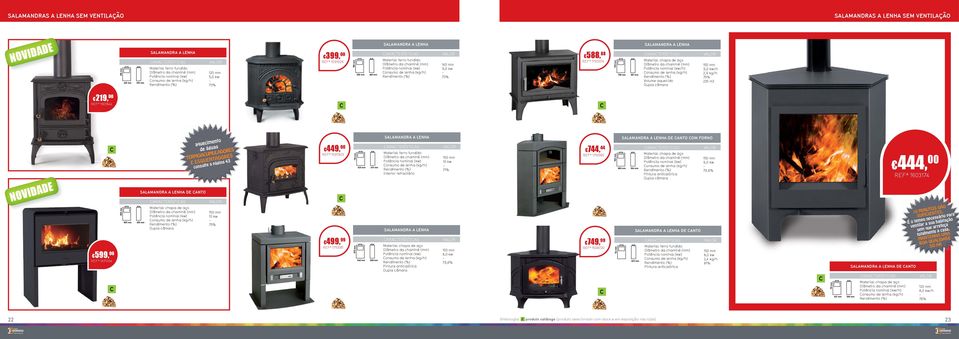 aquecido Dupla câmara 9,0 kw/h 2,9 kg/h 75% 225 m3 219, 00 REFª 1801844 599, 00 REFª 1871094 850 mm 600 mm de canto 400 mm ARATERÍSTIAS onsumo de lenha (kg/h) Dupla câmara aquecimento de águas