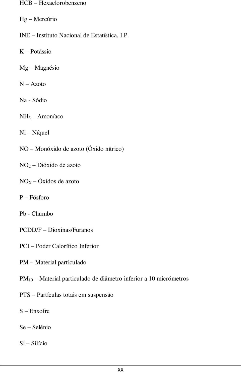 Dióxido de azoto NO X Óxidos de azoto P Fósforo Pb - Chumbo PCDD/F Dioxinas/Furanos PCI Poder Calorífico Inferior