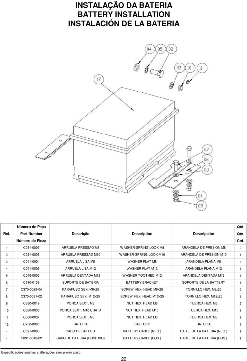 DENTADA M2 WASHER TOOTHED M2 ARANDELA DENTADA M2 6 C0-039 SUPORTE DE BATERIA BATTERY BRACKET SOPORTE DE LA BATTERY 7 C370-0029-04 PARAFUSO SEX. M8x25 SCREW HEX. HEAD M8x25 TORNILLO HEX.