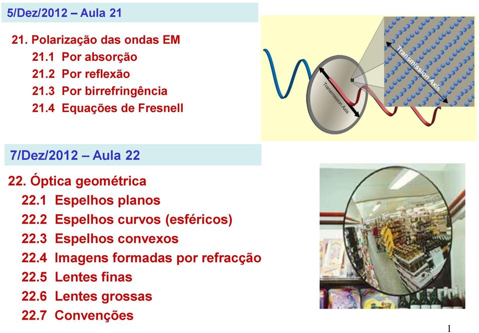 4 Equações de Fresnell 7/Dez/2012 Aula 22 22. Óptica geométrica 22.