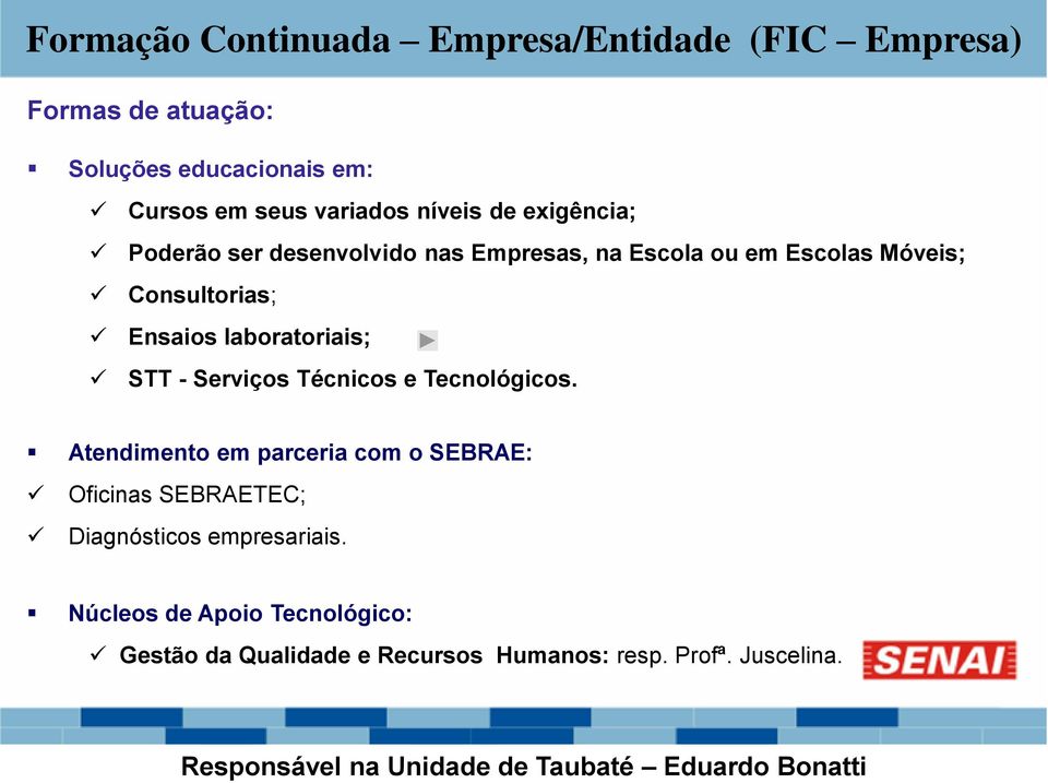 Serviços Técnicos e Tecnológicos. Atendimento em parceria com o SEBRAE: Oficinas SEBRAETEC; Diagnósticos empresariais.