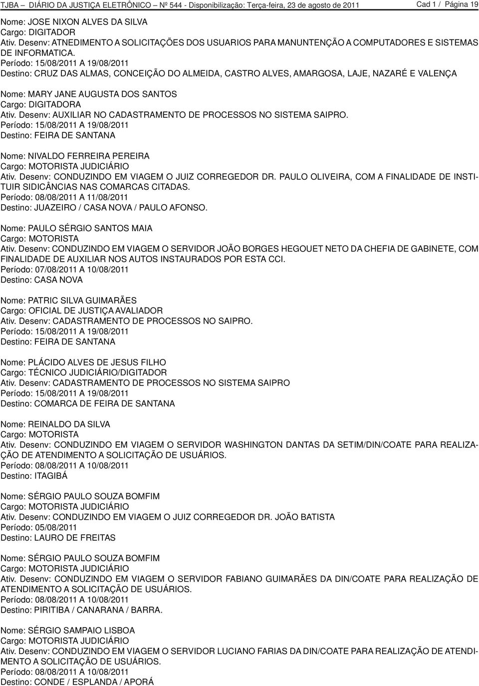 Desenv: AUXILIAR NO CADASTRAMENTO DE PROCESSOS NO SISTEMA SAIPRO. Período: 15/08/2011 A 19/08/2011 Destino: FEIRA DE SANTANA Nome: NIVALDO FERREIRA PEREIRA Cargo: MOTORISTA JUDICIÁRIO Ativ.