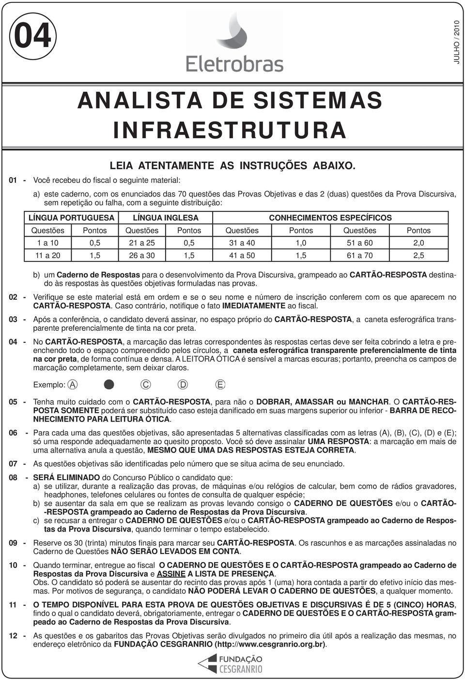 seguinte distribuição: LÍNGUA PORTUGUESA LÍNGUA INGLESA CONHECIMENTOS ESPECÍFICOS Questões Pontos Questões Pontos Questões Pontos Questões Pontos 1 a 10 0,5 21 a 25 0,5 31 a 40 1,0 51 a 60 2,0 11 a