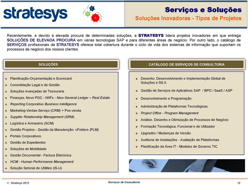 Por outro lado, o catálogo de SERVIÇOS profissionais da STRATESYS oferece total cobertura durante o ciclo de vida dos sistemas de informação que suportam os processos de negócio dos nossos clientes.