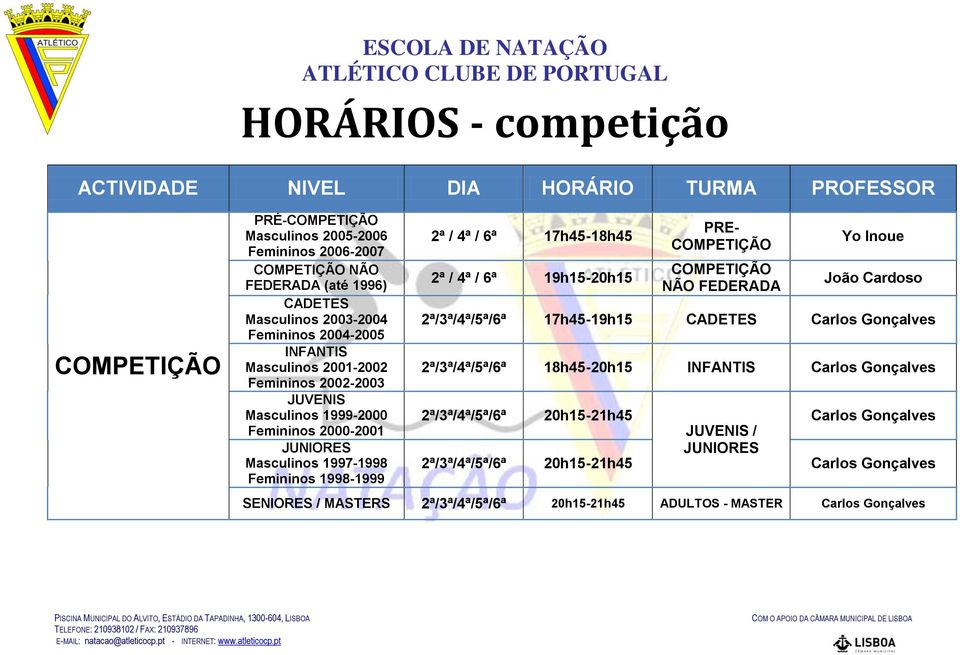 6ª 19h15-20h15 PRE- COMPETIÇÃO COMPETIÇÃO NÃO FEDERADA Yo Inoue João Cardoso 2ª/3ª/4ª/5ª/6ª 17h45-19h15 CADETES Carlos Gonçalves 2ª/3ª/4ª/5ª/6ª 18h45-20h15 INFANTIS Carlos Gonçalves