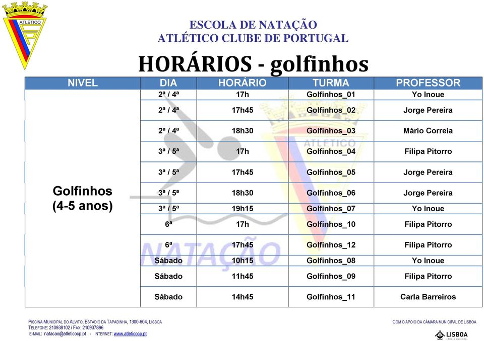 18h30 Golfinhos_06 Jorge Pereira 3ª / 5ª 19h15 Golfinhos_07 Yo Inoue 6ª 17h Golfinhos_10 Filipa Pitorro 6ª 17h45 Golfinhos_12