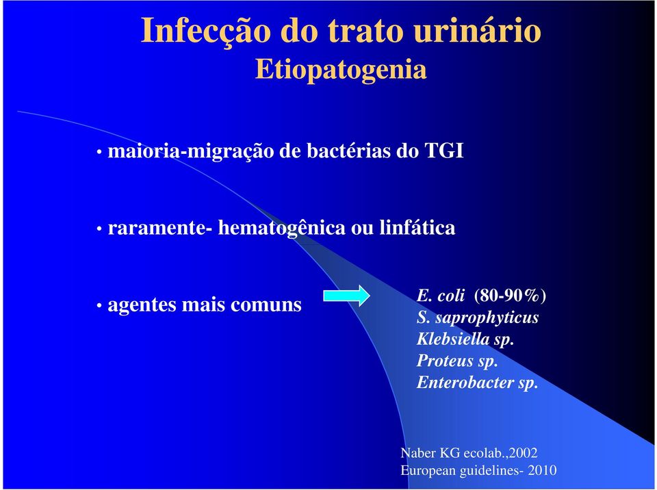 mais comuns E. coli (80-90%) S. saprophyticus Klebsiella sp.