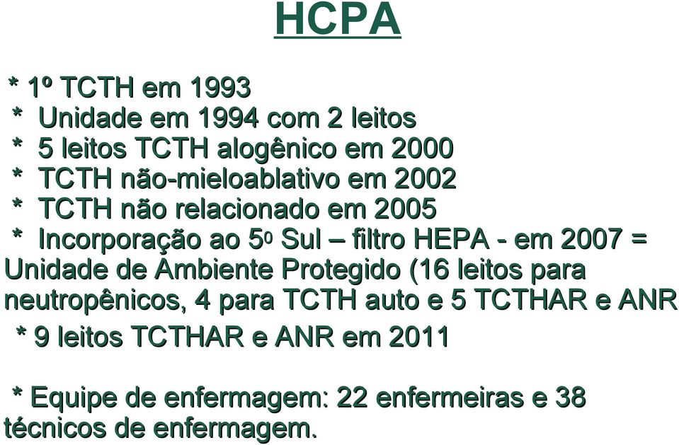 2007 = Unidade de Ambiente Protegido (16 leitos para neutropênicos, 4 para TCTH auto e 5 TCTHAR e