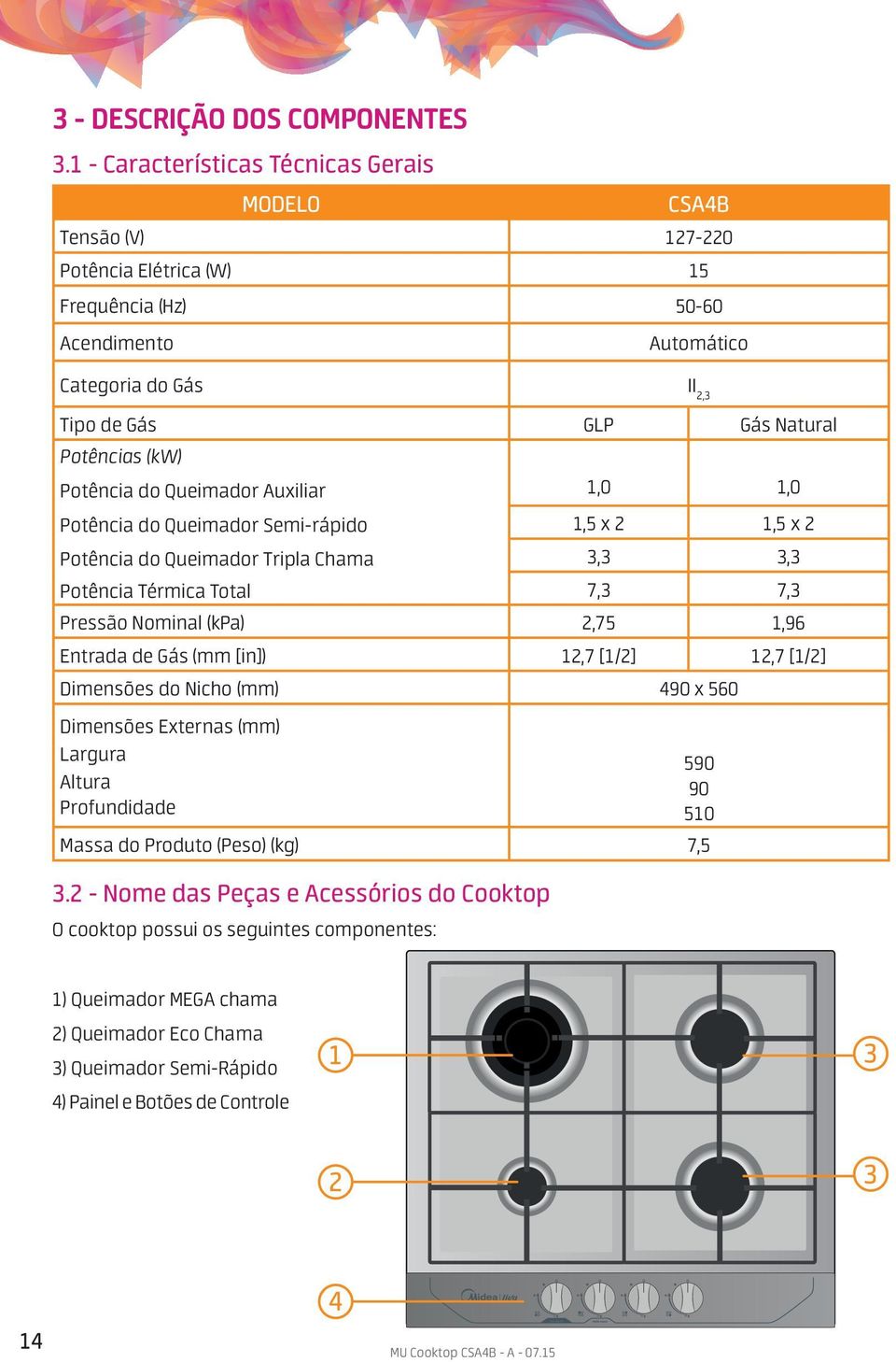 (kw) Potência do Queimador Auxiliar 1,0 1,0 Potência do Queimador Semi-rápido 1,5 x 2 1,5 x 2 Potência do Queimador Tripla Chama 3,3 3,3 Potência Térmica Total 7,3 7,3 Pressão Nominal (kpa) 2,75 1,96