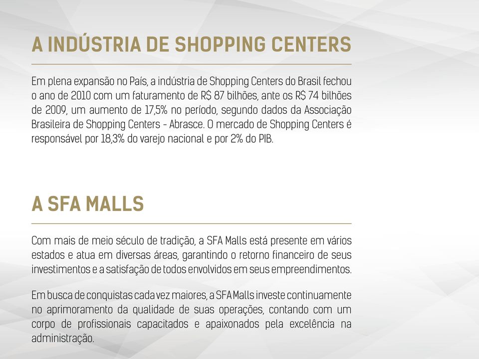 A SFA MALLS Com mais de meio século de tradição, a SFA Malls está presente em vários estados e atua em diversas áreas, garantindo o retorno financeiro de seus investimentos e a satisfação de todos