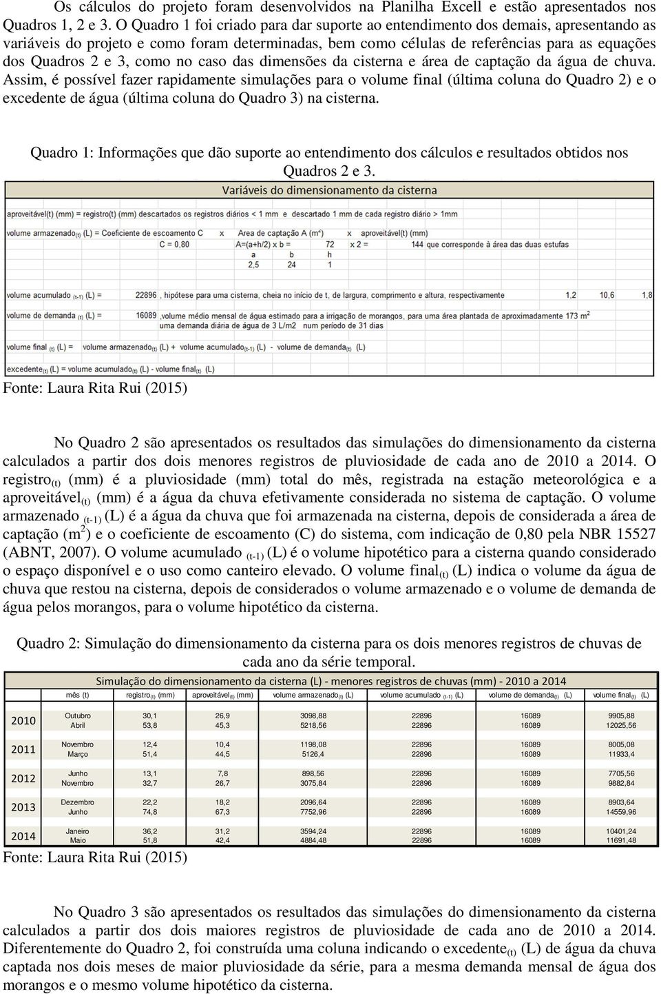 como no caso das dimensões da cisterna e área de captação da água de chuva.