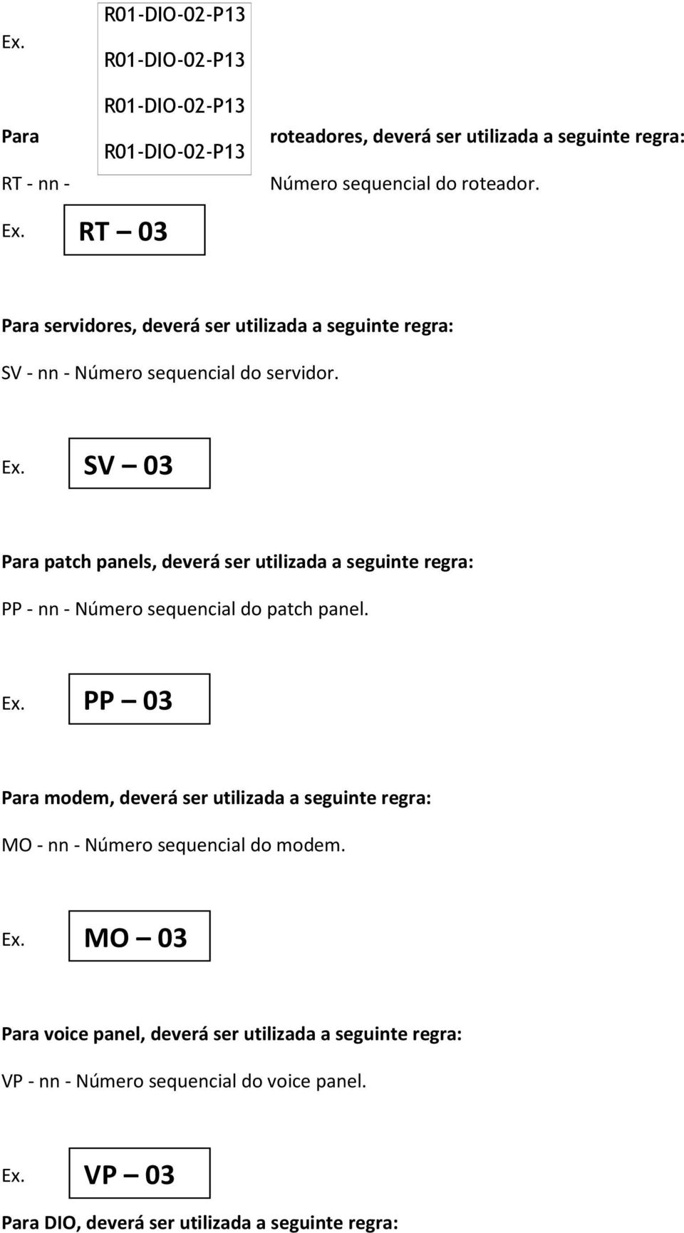 Para servidores, deverá ser utilizada a seguinte regra: SV - nn - Número sequencial do servidor. Ex.