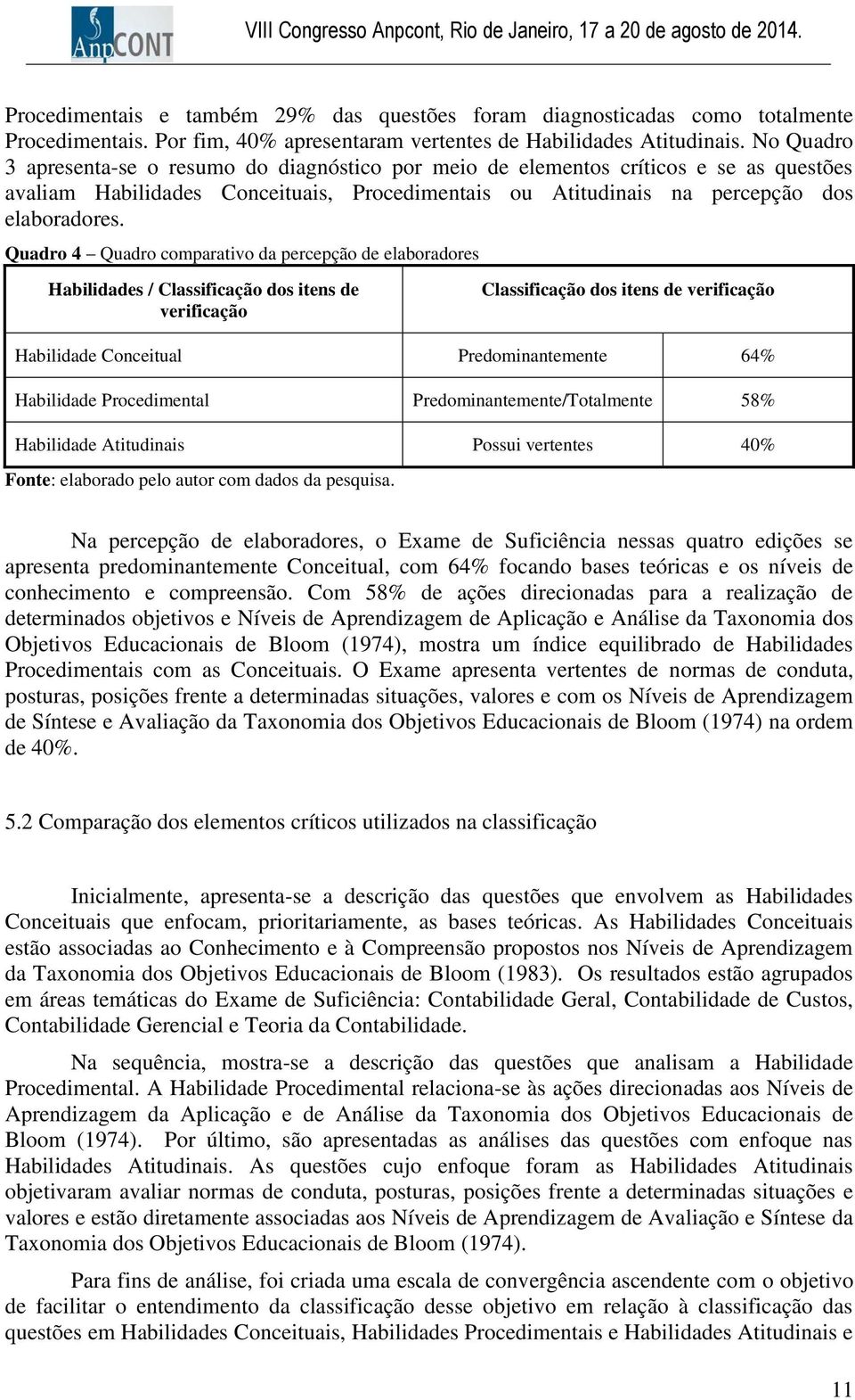 Quadro 4 Quadro comparativo da percepção de elaboradores Habilidades / Classificação dos itens de verificação Classificação dos itens de verificação Habilidade Conceitual Predominantemente 64%