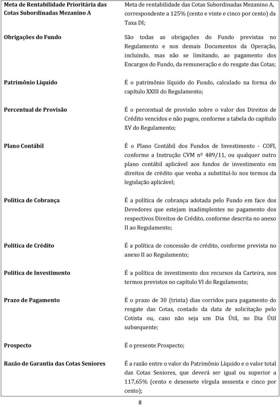 do resgate das Cotas; Patrimônio Líquido É o patrimônio líquido do Fundo, calculado na forma do capítulo XXIII do Regulamento; Percentual de Provisão É o percentual de provisão sobre o valor dos