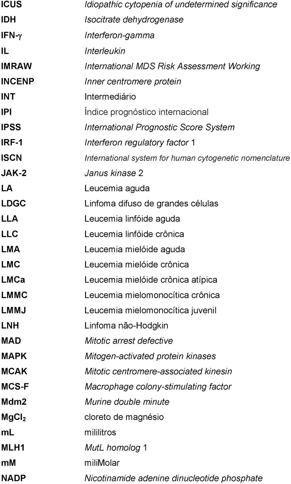nomenclature JAK-2 Janus kinase 2 LA Leucemia aguda LDGC Linfoma difuso de grandes células LLA Leucemia linfóide aguda LLC Leucemia linfóide crônica LMA Leucemia mielóide aguda LMC Leucemia mielóide
