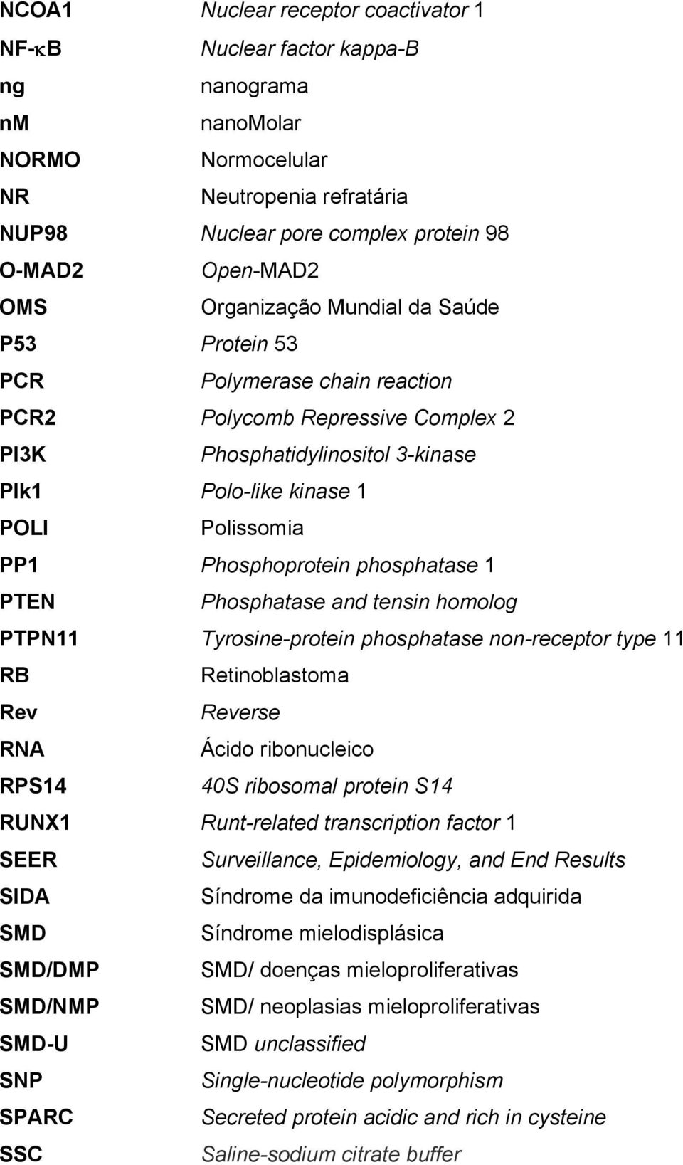 Phosphoprotein phosphatase 1 PTEN Phosphatase and tensin homolog PTPN11 Tyrosine-protein phosphatase non-receptor type 11 RB Retinoblastoma Rev Reverse RNA Ácido ribonucleico RPS14 40S ribosomal