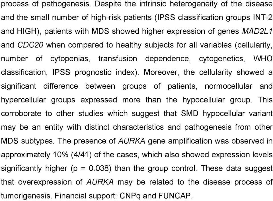 and CDC20 when compared to healthy subjects for all variables (cellularity, number of cytopenias, transfusion dependence, cytogenetics, WHO classification, IPSS prognostic index).