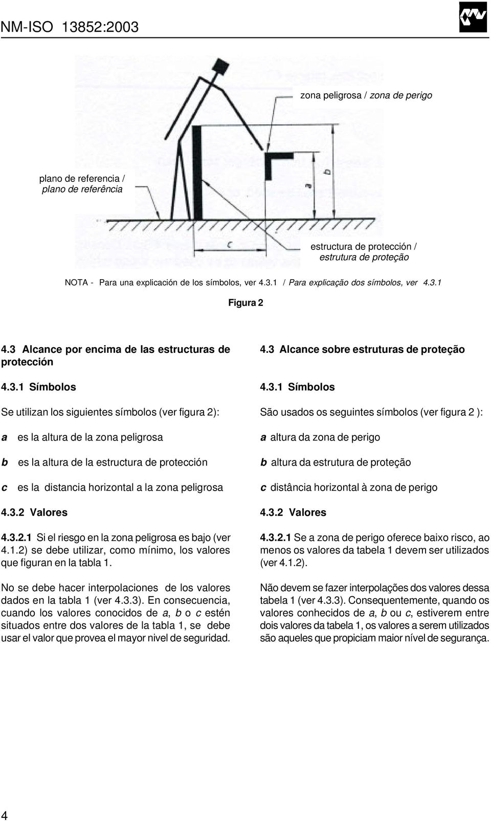 3 Alcance sobre estruturas de proteção 4.3.1 Símbolos São usados os seguintes símbolos (ver figura 2 ): a b c es la altura de la zona peligrosa es la altura de la estructura de protección es la