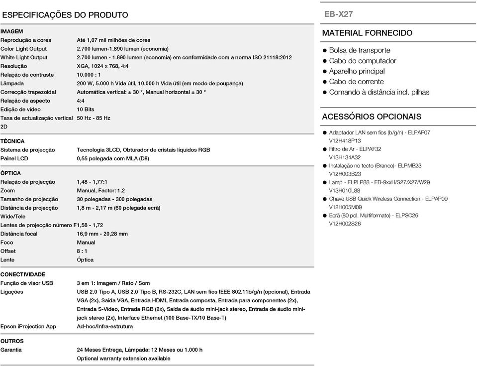 000 h Vida útil (em modo de poupança) Correcção trapezoidal Automática vertical: ± 30, Manual horizontal ± 30 Relação de aspecto 4:4 Edição de vídeo 10 Bits Taxa de actualização vertical 50 Hz - 85