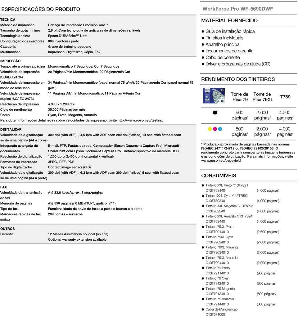 Monocromático 7 Segundos, Cor 7 Segundos Velocidade de impressão WorkForce Pro WF-5690DWF MATERIAL FORNECIDO Guia de instalação rápida Tinteiros Individuais Aparelho principal Documentos de garantia