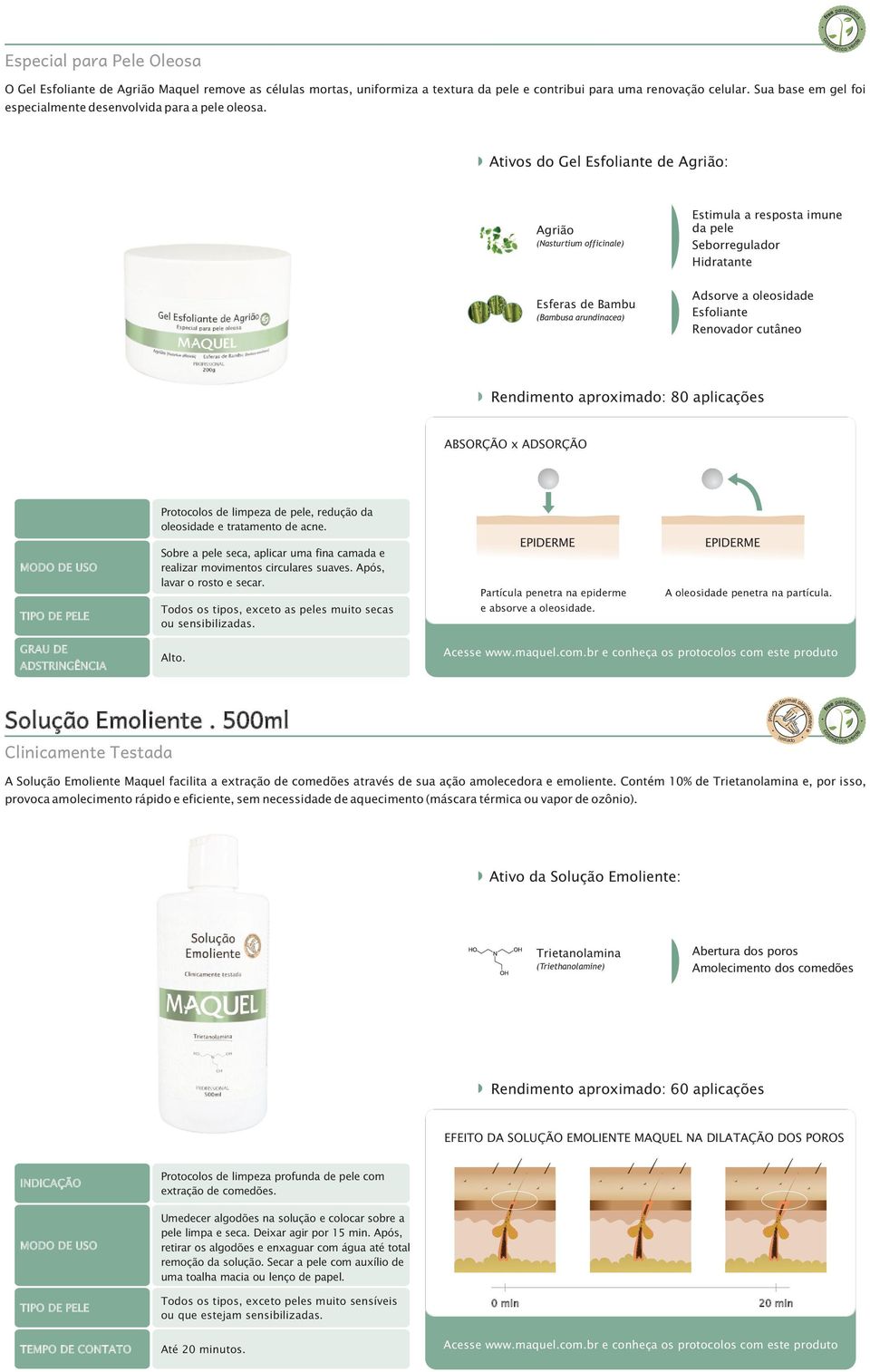 Ativos do Gel Esfoliante de Agrião: Agrião (Nasturtium officinale) Estimula a resposta imune da pele Seborregulador Hidratante Esferas de Bambu (Bambusa arundinacea) Adsorve a oleosidade Esfoliante