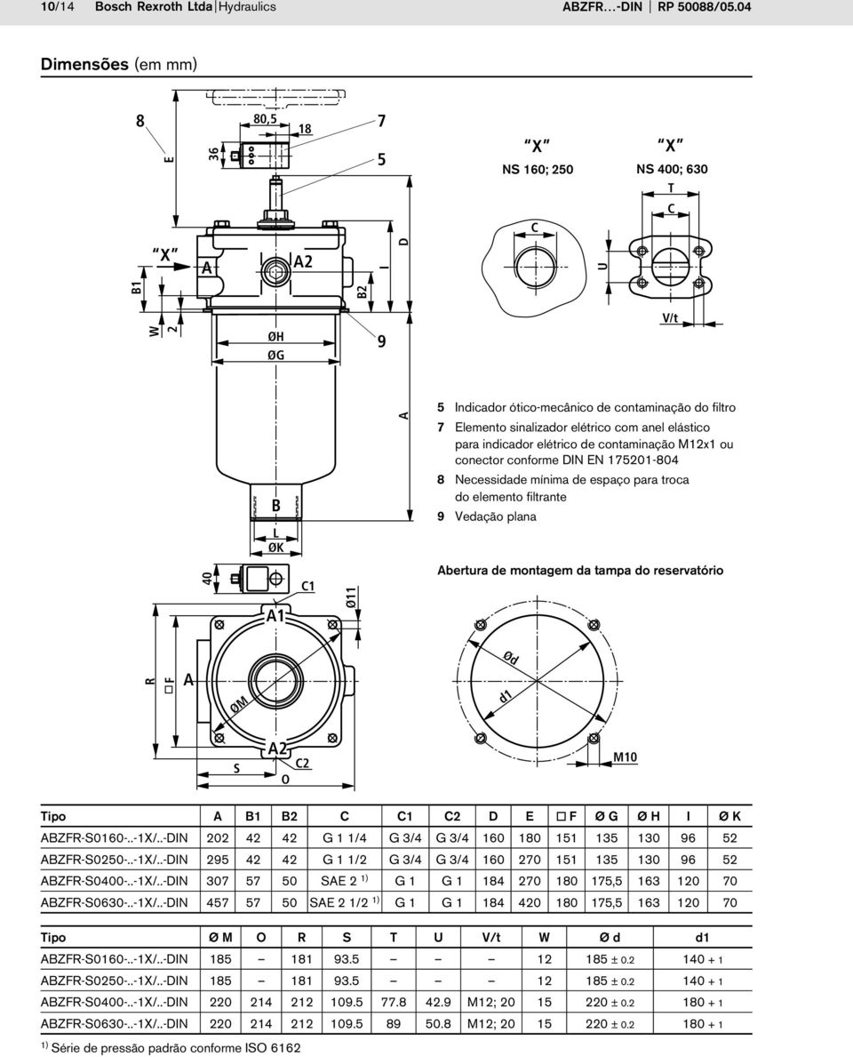 anel elástico para indicador elétrico de contaminação M1x1 ou conector conforme DIN EN 17501-804 8 Necessidade mínima de espaço para troca do elemento filtrante 9 Vedação plana 40 A1 C1 Ø11 Abertura