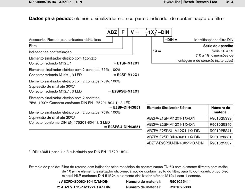 Indicador de contaminação Elemento sinalizador elétrico com 1contato Conector redondo M1 x 1 = E1SP-M1X1 Elemento sinalizador elétrico com contatos, 75%, 100% Conector redondo M1x1, 3 LED = ESP-M1X1