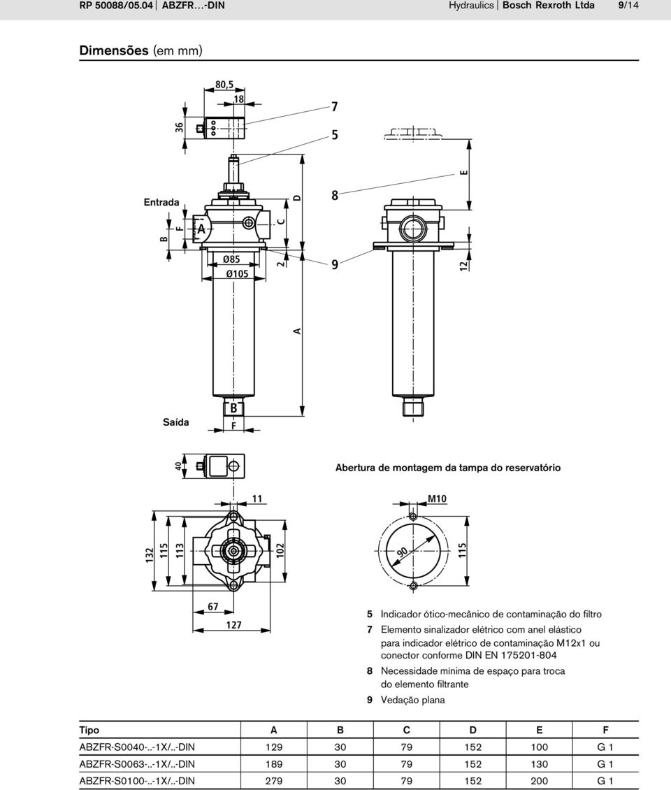 montagem da tampa do reservatório M10 90 115 67 17 5 Indicador ótico-mecânico de contaminação do filtro 7 Elemento sinalizador elétrico com anel elástico para
