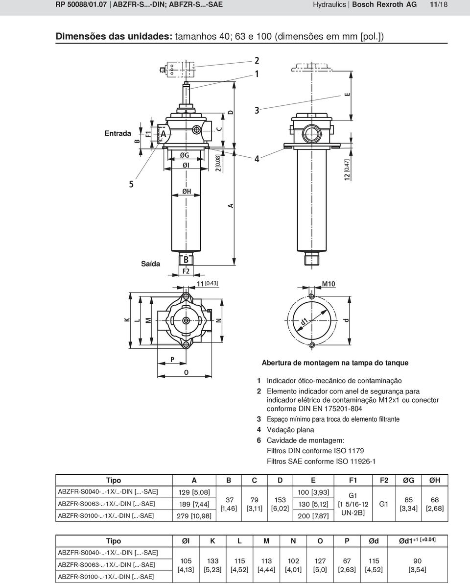 3] M1 K L M N d1 d P O Abertura de montagem na tampa do tanque 1 Indicador ótico-mecânico de contaminação Elemento indicador com anel de segurança para indicador elétrico de contaminação M1x1 ou