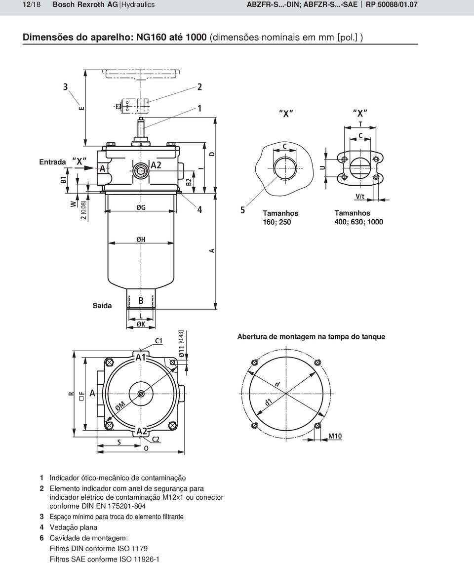 3] L ØK Abertura de montagem na tampa do tanque F R d A d1 ØM A S C O 1 Indicador ótico-mecânico de contaminação Elemento indicador com anel de segurança para