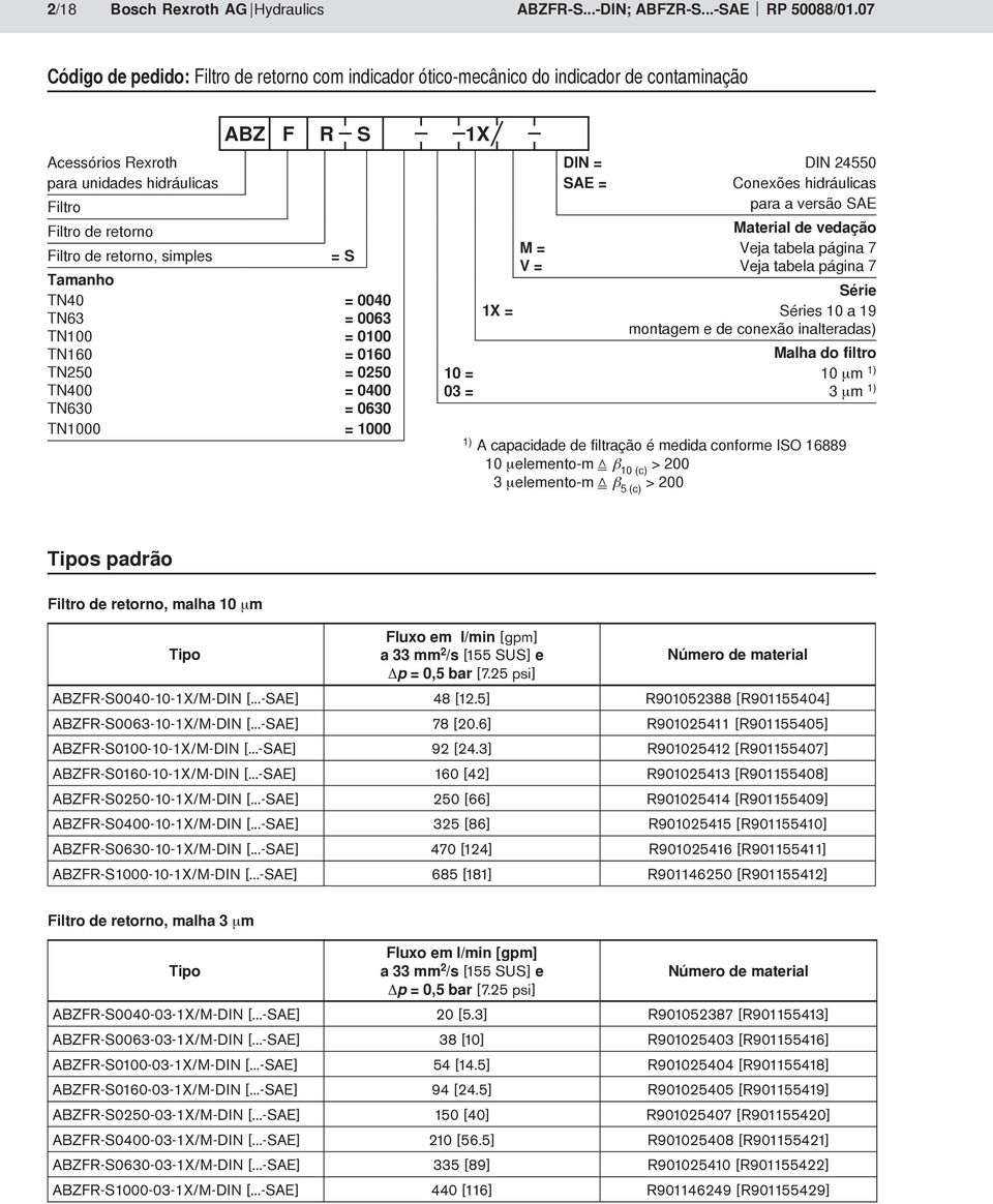 R S 1X = S Tamanho TN = TN63 = 63 TN1 = 1 TN16 = 16 TN5 = 5 TN = TN63 = 63 TN1 = 1 DIN = DIN 55 SAE = Conexões hidráulicas para a versão SAE Material de vedação M = Veja tabela página 7 V = Veja