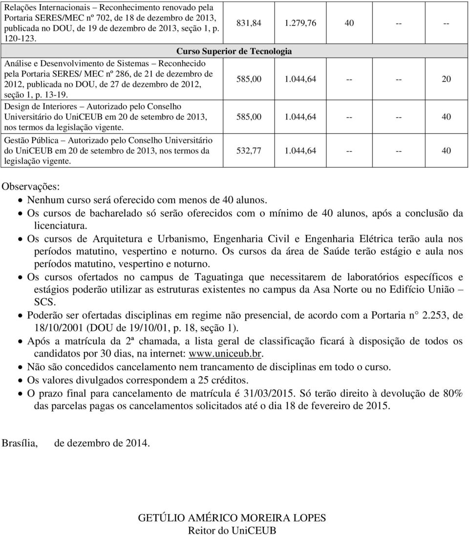 585,00 1.044,64 -- -- 20 seção 1, p. Design de Interiores Autorizado pelo Conselho Universitário do UniCEUB em 20 de setembro de 2013, 585,00 1.044,64 -- -- 40 nos termos da legislação vigente.