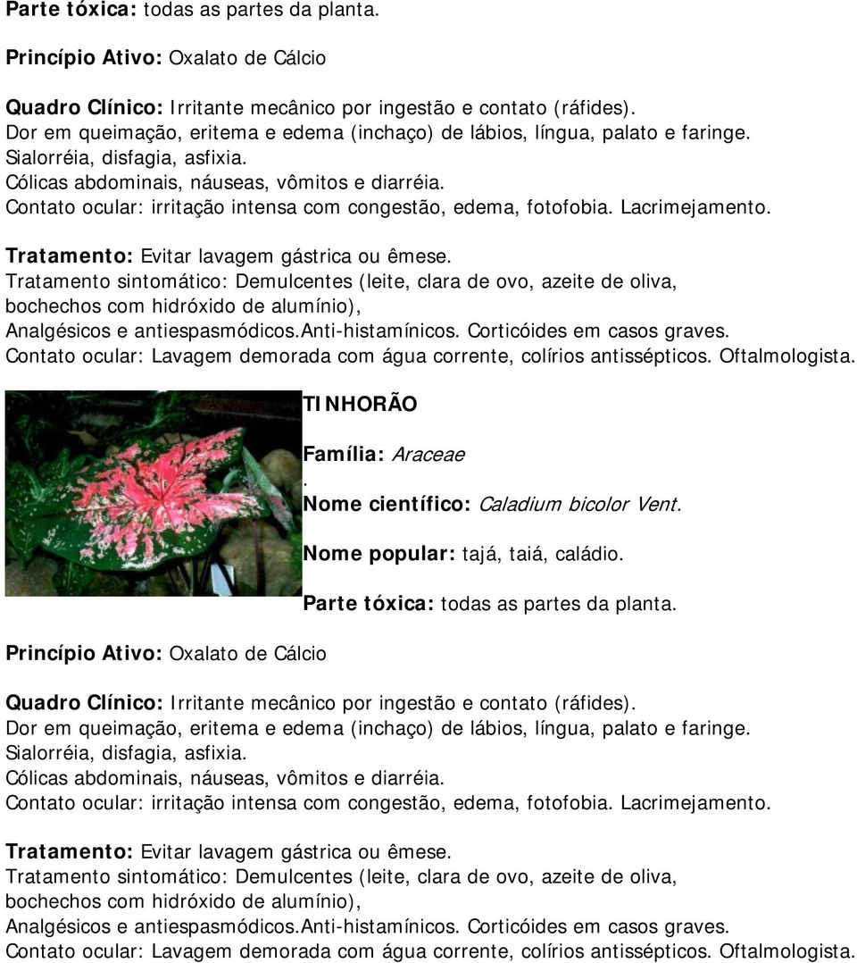 Tratamento: Evitar lavagem gástrica ou êmese. Tratamento sintomático: Demulcentes (leite, clara de ovo, azeite de oliva, bochechos com hidróxido de alumínio), Analgésicos e antiespasmódicos.