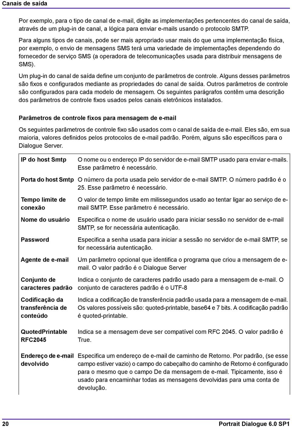 fornecedor de serviço SMS (a operadora de telecomunicações usada para distribuir mensagens de SMS). Um plug-in do canal de saída define um conjunto de parâmetros de controle.