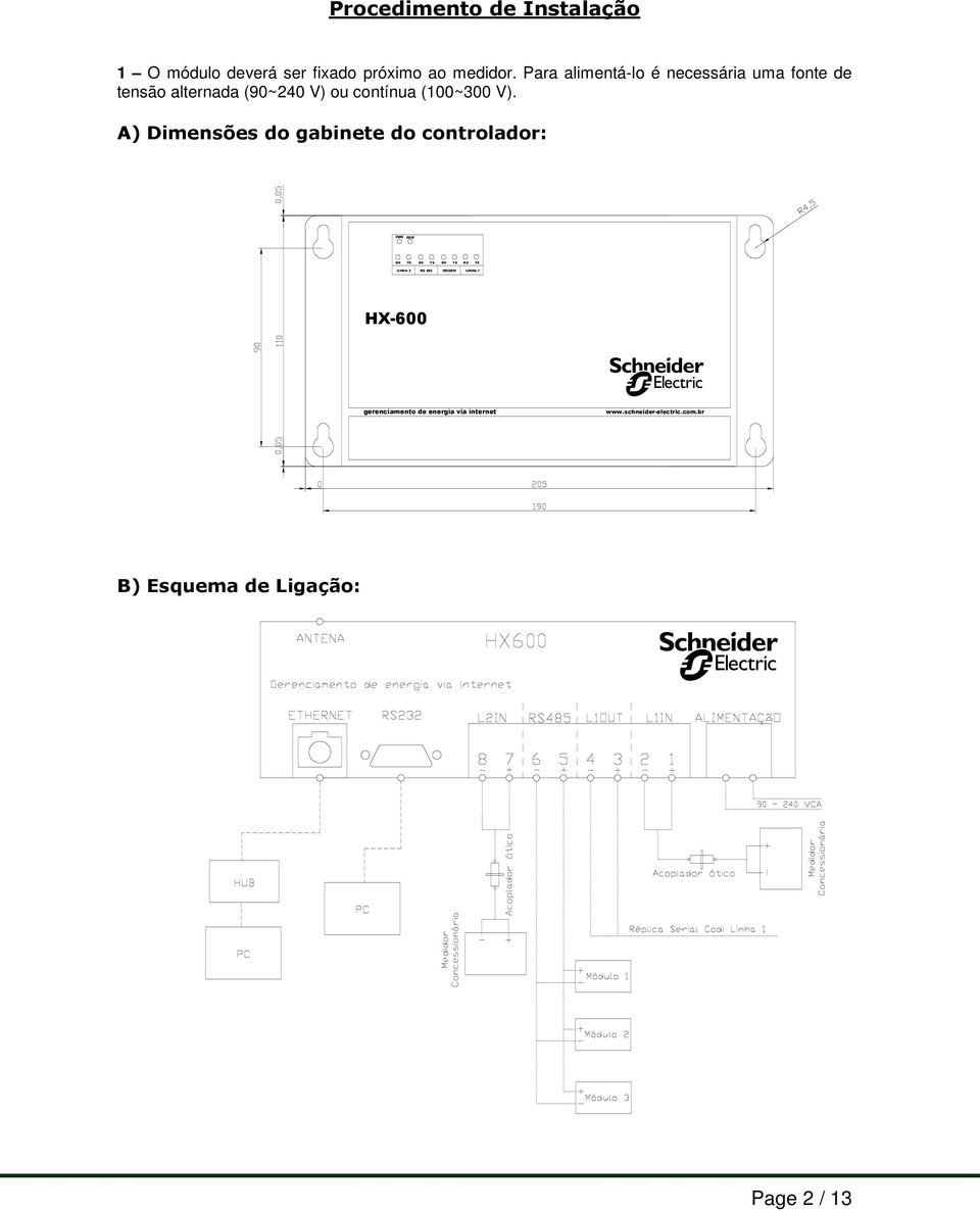 A) Dimensões do gabinete do controlador: PWR GSM RX TX RX TX RX TX RX TX LINHA 2 RS 485 MODEM