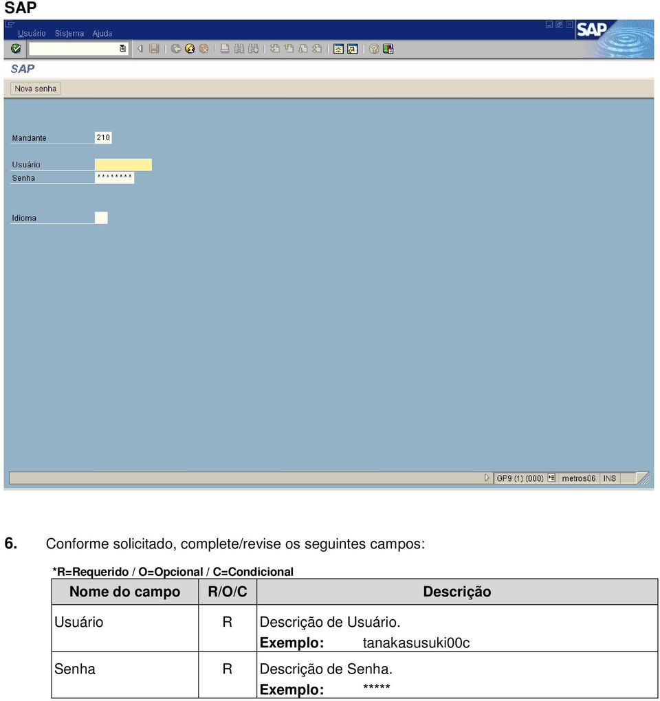 *R=Requerido / O=Opcional / C=Condicional Nome do campo