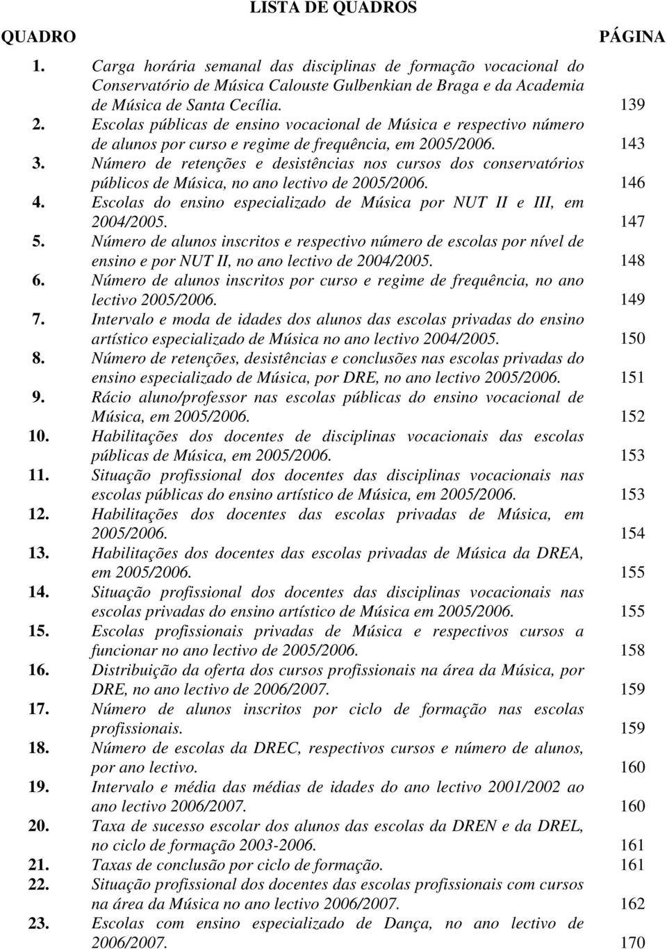 Número de retenções e desistências nos cursos dos conservatórios públicos de Música, no ano lectivo de 2005/2006. 146 4. Escolas do ensino especializado de Música por NUT II e III, em 2004/2005.