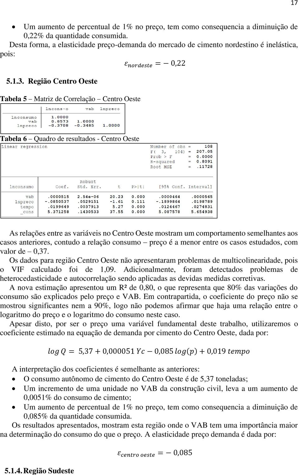 Região Cetro Oeste Tabela 5 Matriz de Correlação Cetro Oeste Tabela 6 Quadro de resultados - Cetro Oeste As relações etre as variáveis o Cetro Oeste mostram um comportameto semelhates aos casos